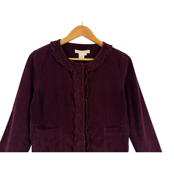 Sandro Paris Corduroy Ruffle Jacket Burgundy Snap Front 100% Cotton Sz S - Picture 3 of 8